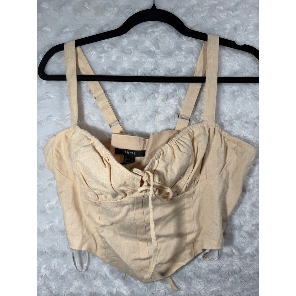 Forever 21 Women Size Large Beige Linen Blend Lace Up Corset Cami Crop‎ Top